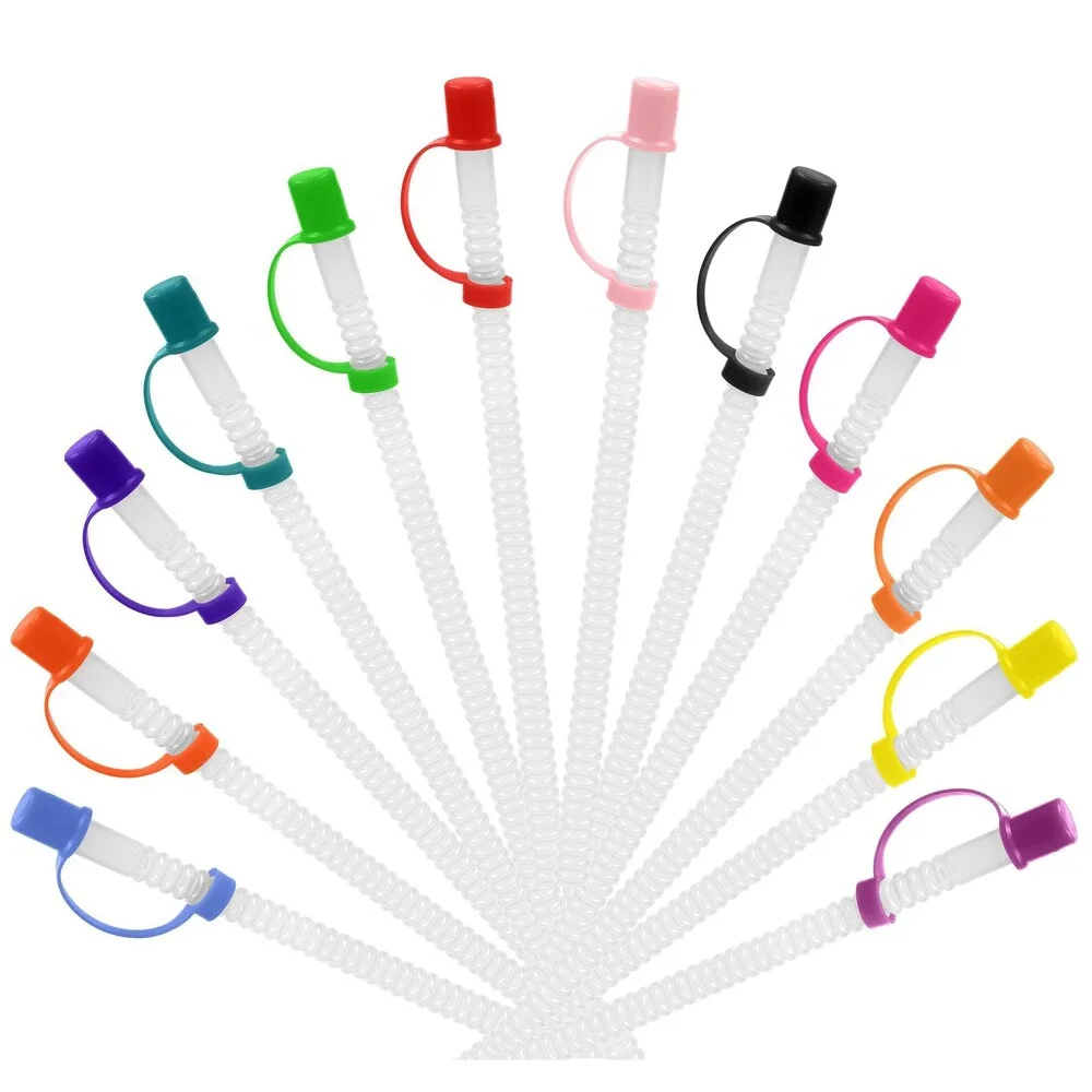 Reusable Plastic Straws with Caps, Bendable Straws for Drinking Cups, 12 Straws